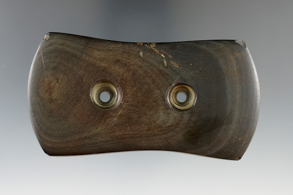 3 5/8" Bi-Concave Gorget found by Lester Pierce in 1946 in Mercer Co., Ohio. Ex. B. Gandee.