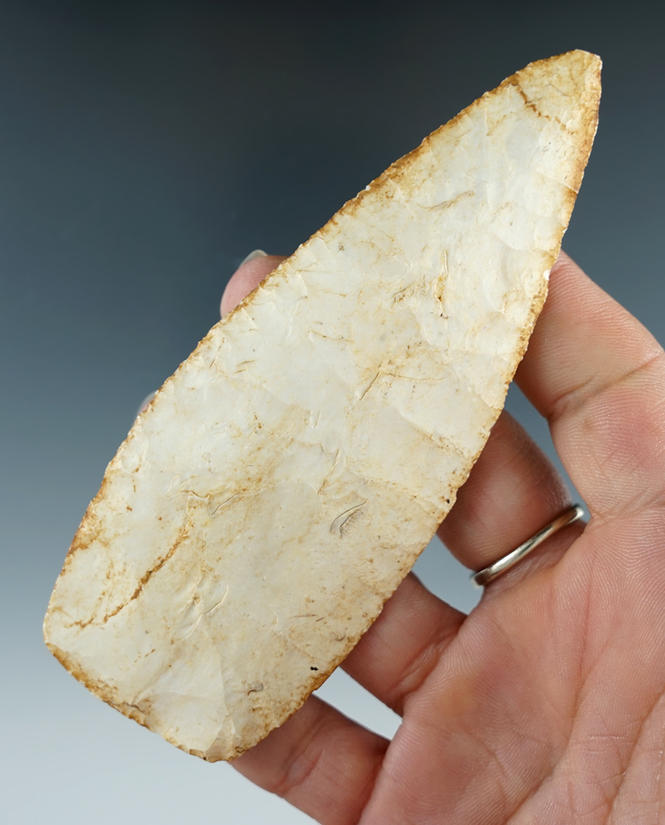 4 7/16" Burlington Chert Stanfield found in the Illinois/Missouri area. Ex. Shewet. COA.