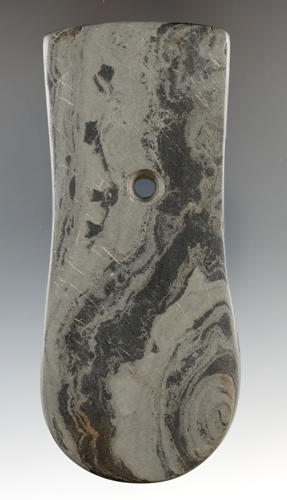 Ex. Root! 4 9/16" Adena Keyhole Pendant made from Mottled Slate, found in Knox Co., Ohio.