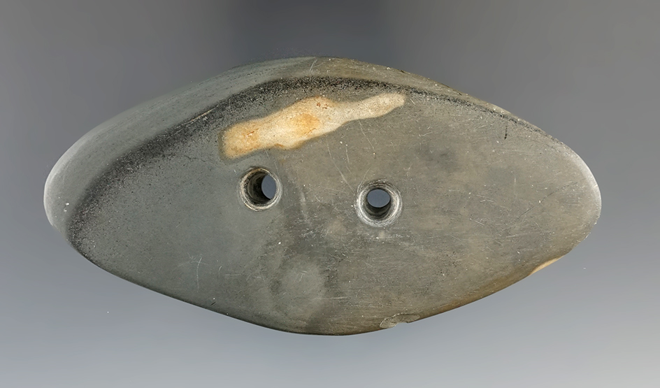 Ex. Root! 3 13/16" Glacial Kame Bi-Pointed Gorget made from Banded Slate. Licking Co., Ohio.