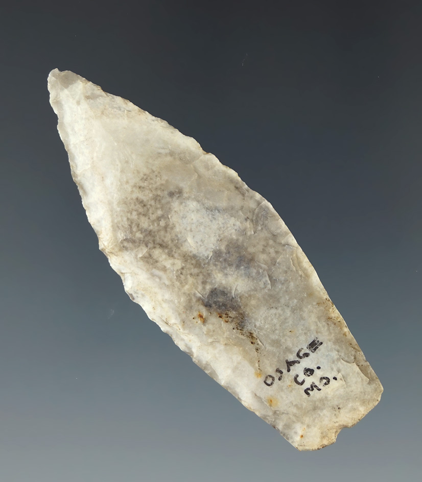 2 9/16" Agate Basin found in Osage Co., Missouri with an ancient fire pop to the reverse side.