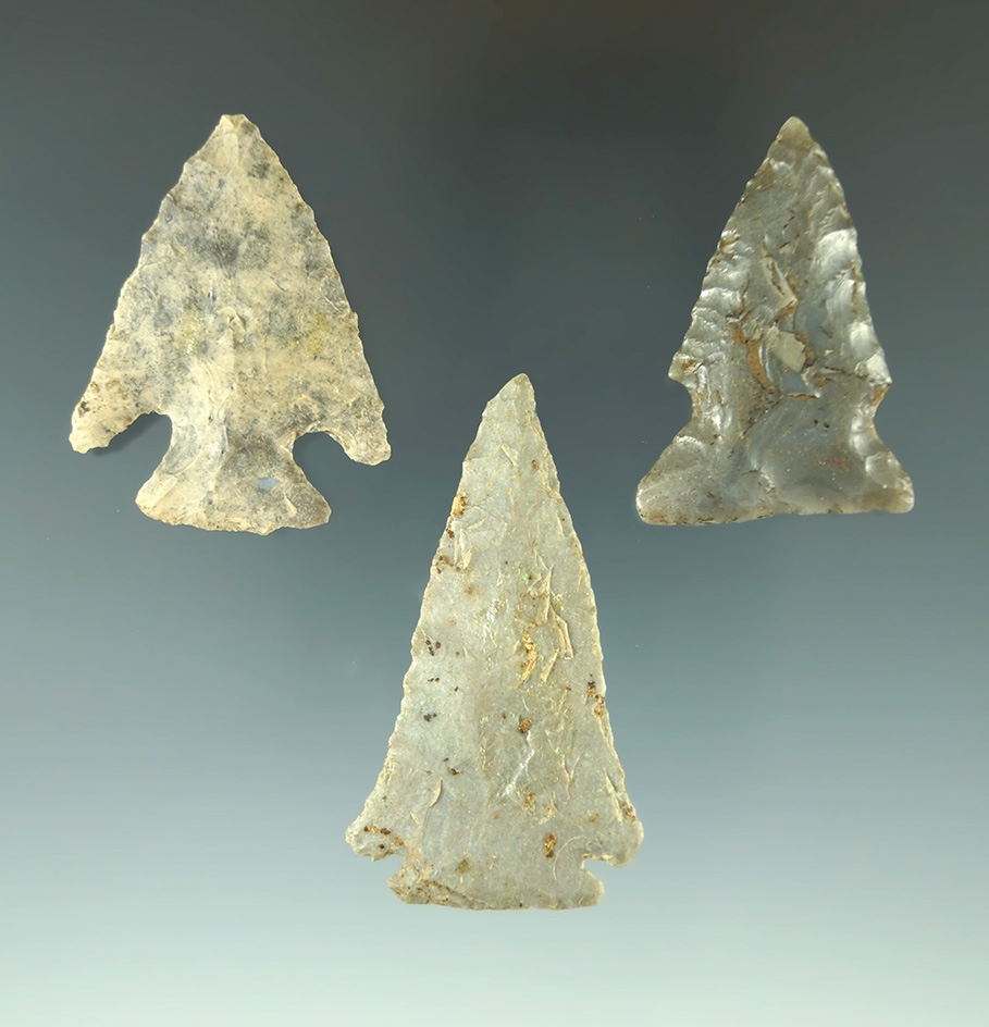 Set of three Midwestern arrowheads from the Edler collection, largest is 2 1/16".