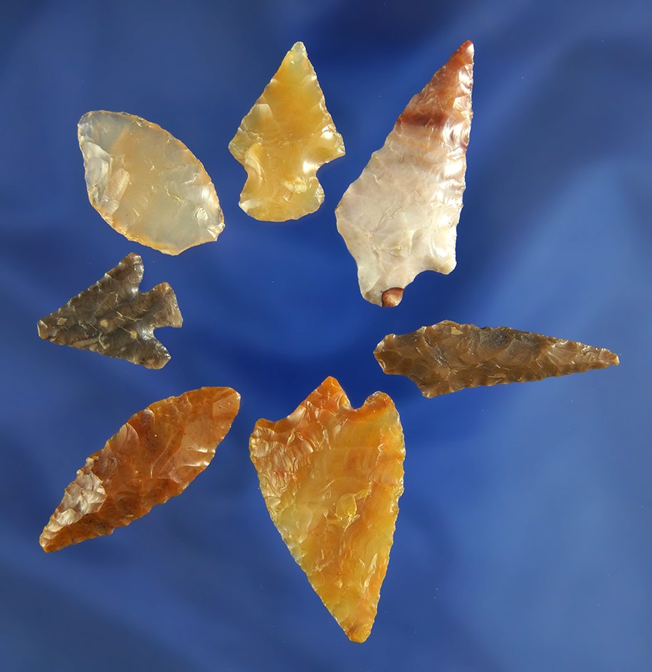 7 assorted Columbia River Gempoints, some have slight damage, largest is 1 9/16". Oregon.
