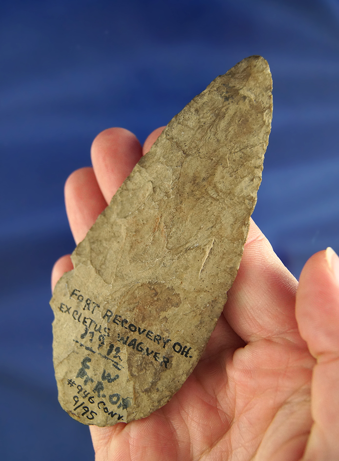 Very heavily patinated 4 1/8" Flint Blade found at Fort Recovery Ohio. Ex. Cletis Wagoner collection