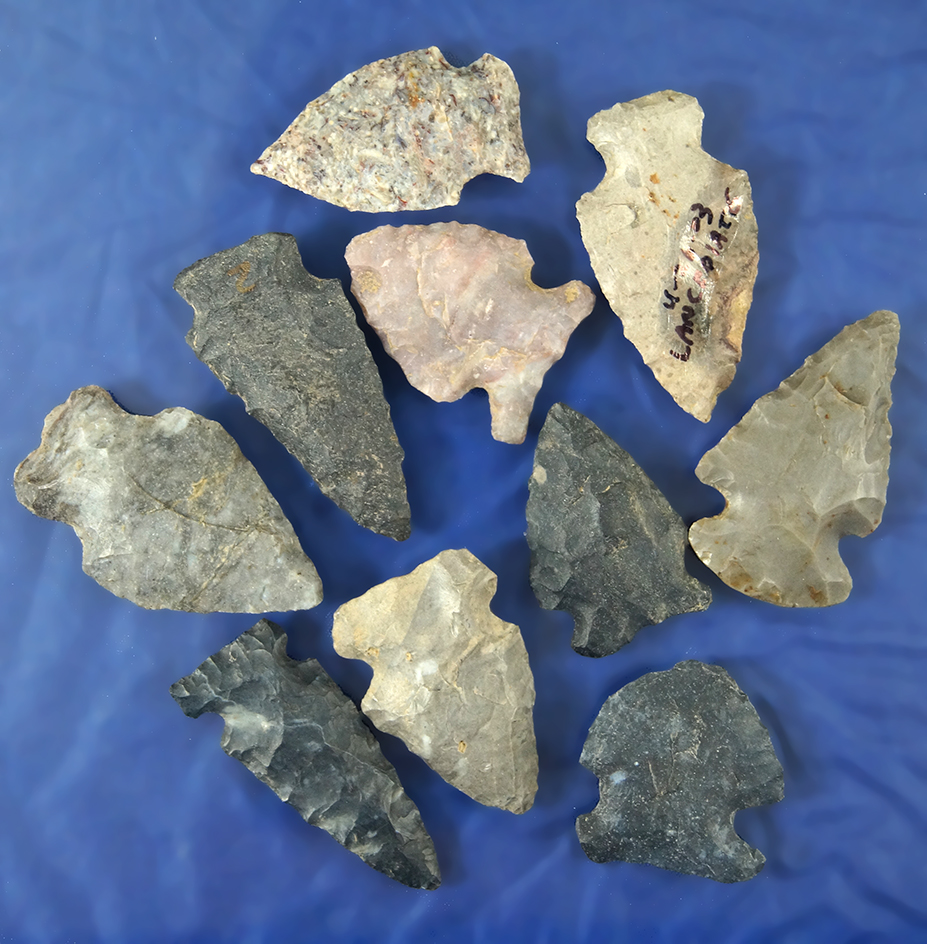 Set of 10 assorted Ohio Arrowheads in nice condition, largest is 1 5/8".