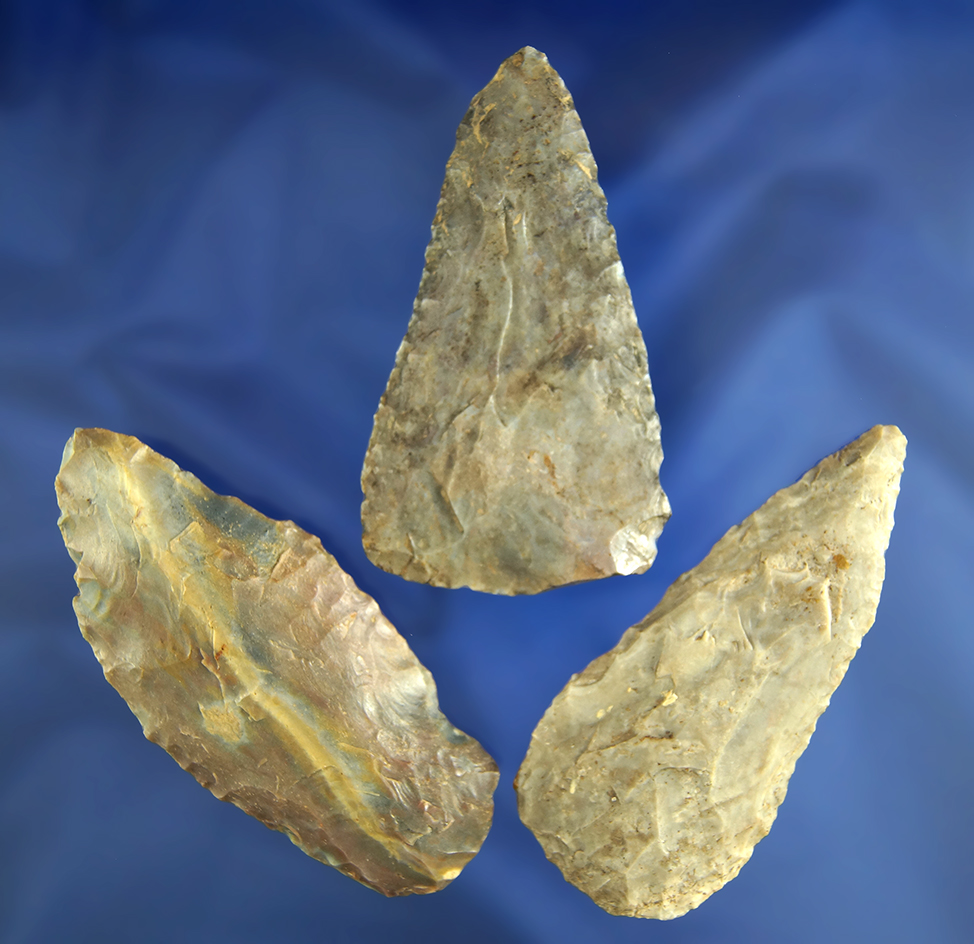 Set of three Archaic Blades found in Ohio, one is beautifully striped Carter Cave Flint. Largest is