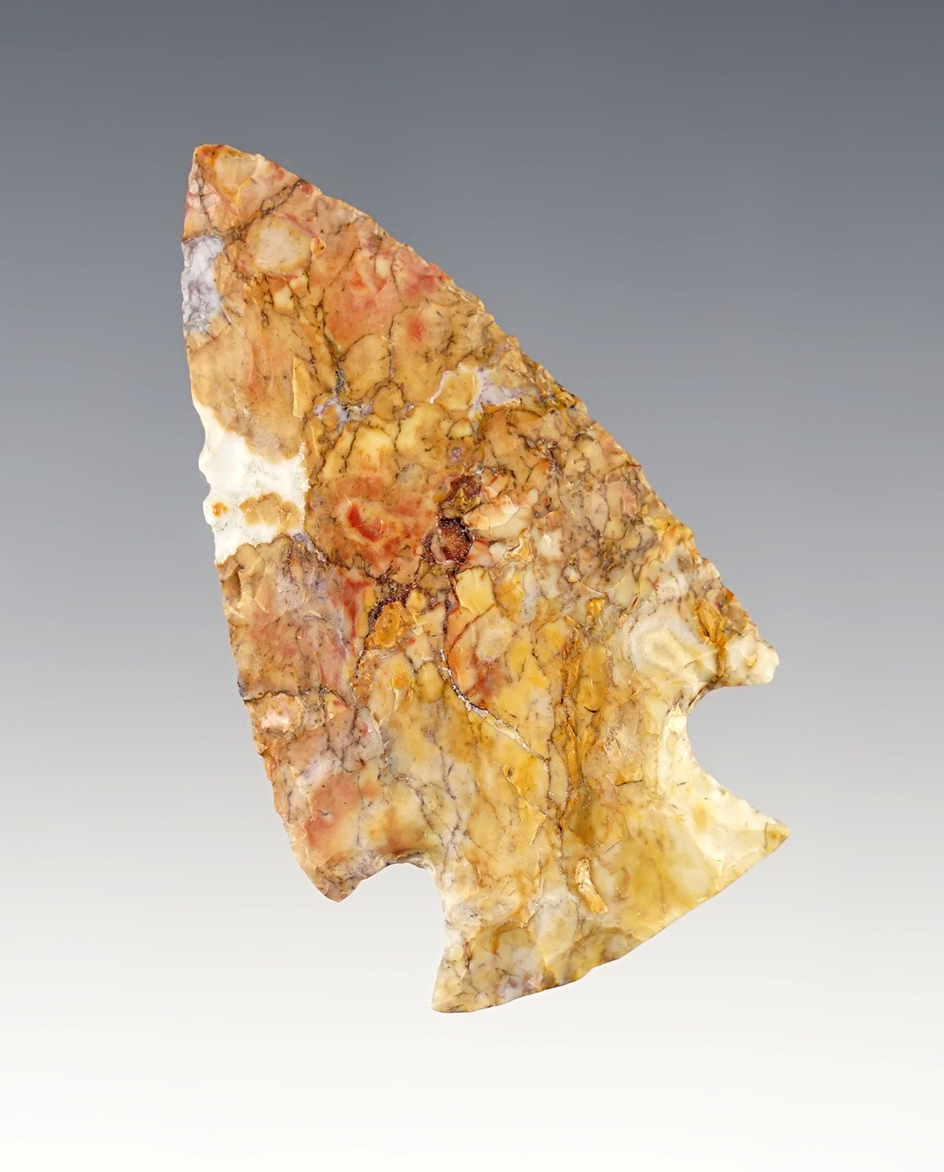 2 5/16" Hopewell point found in Ohio made from beautiful multi-colored Flint Ridge Flint.