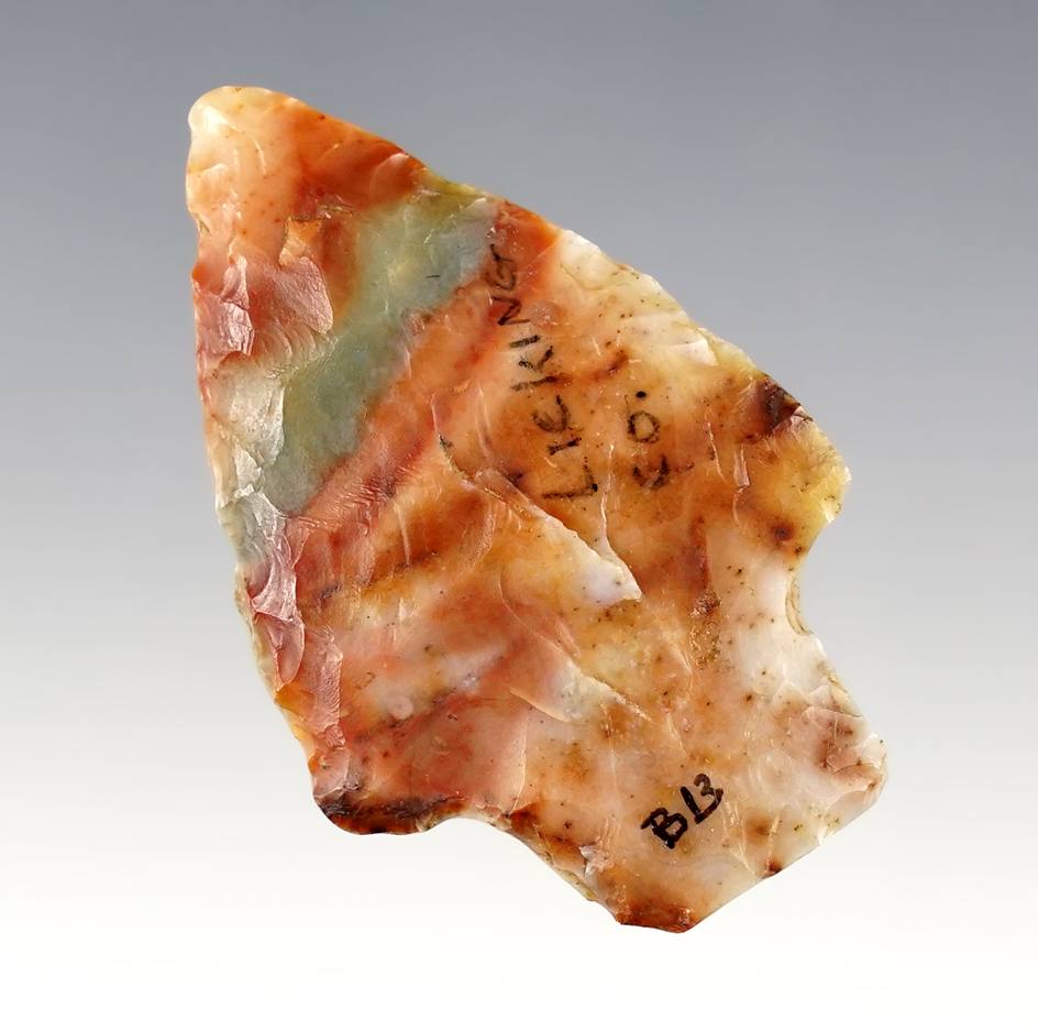 2 1/16" highly colorful Flint Ridge Flint Woodland Point found in Licking Co., Ohio.