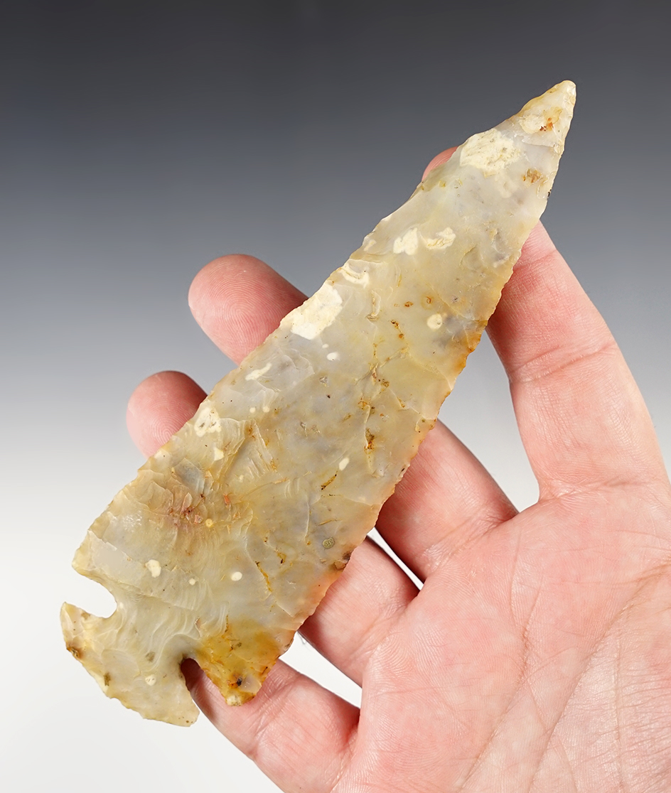 5 15/16" Dovetail made from Flint Ridge Chalcedony - Marion Co., Ohio. Minor restoration.