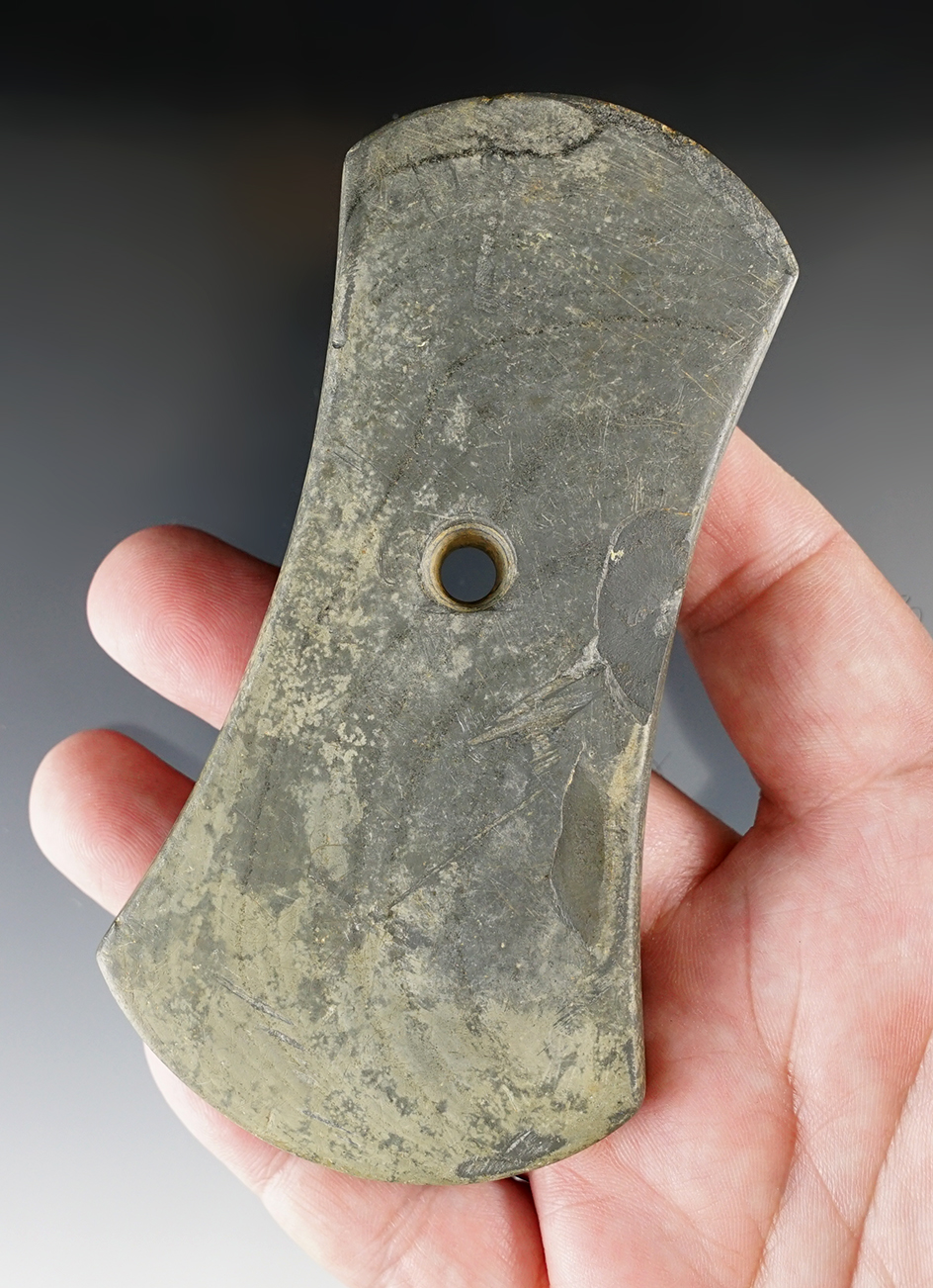 4 3/4" Adena Bi-Concave Pendant made from Banded Slate, found in Miami Co., Ohio. Ex.  Grimm