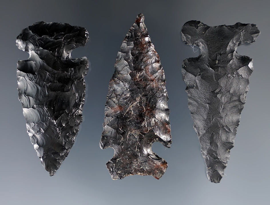 Set of three well styled Northern Side Notched Points made from Obsidian found near Burns, Oregon.