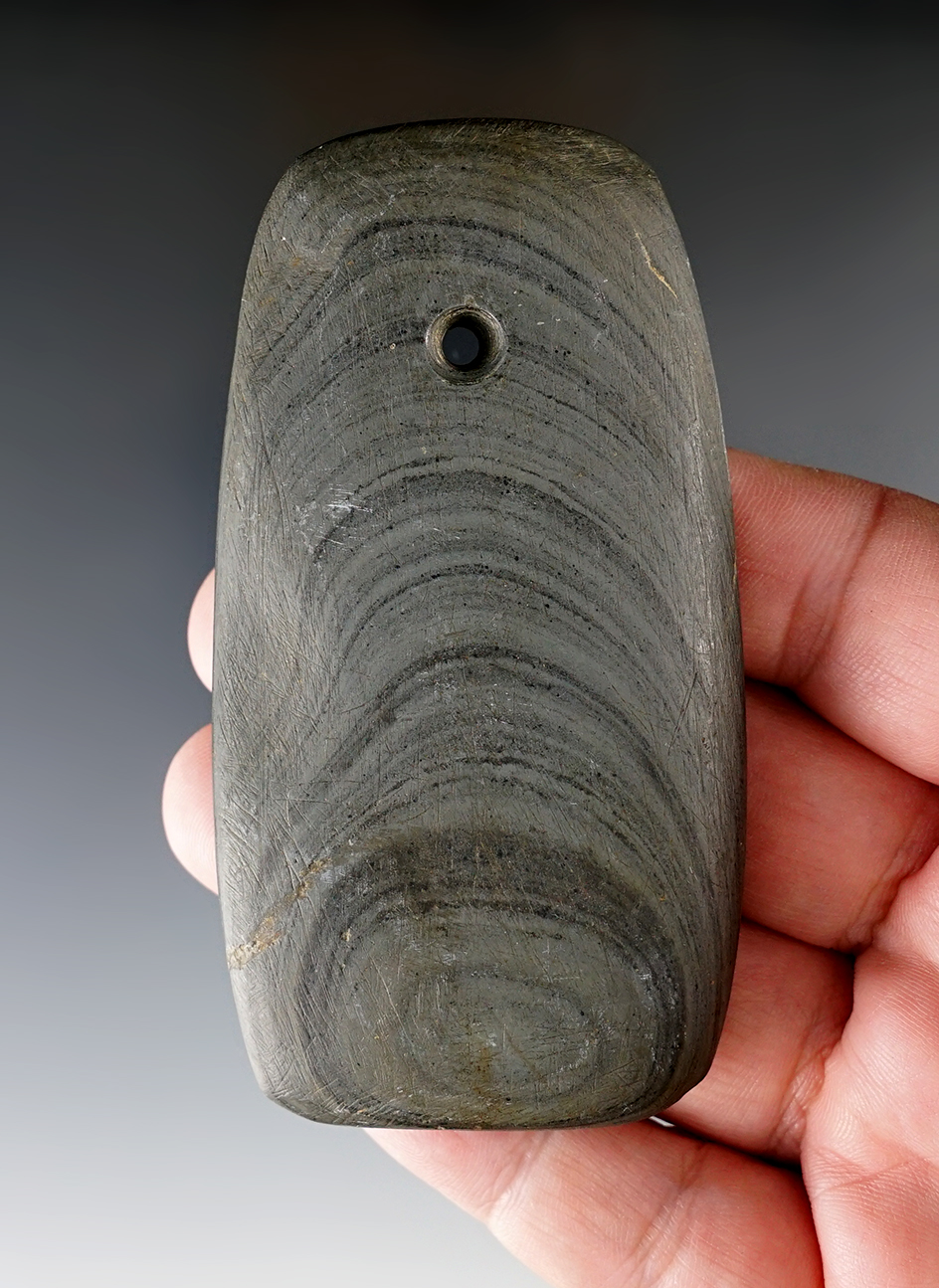 3 11/16" Adena Trapezoidal Pendant made from Banded Slate. Found in Defiance Co., Ohio.