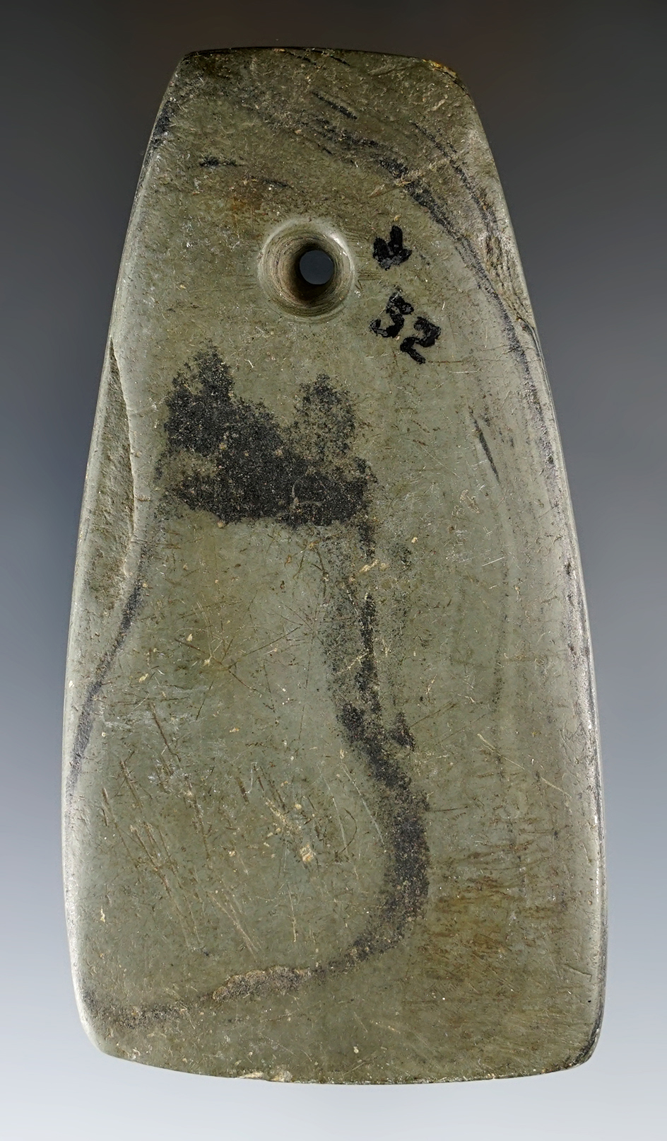 3 7/8" Adena Trapezoidal Pendant made from green and black Mottled Slate, Champaign Co., Ohio.