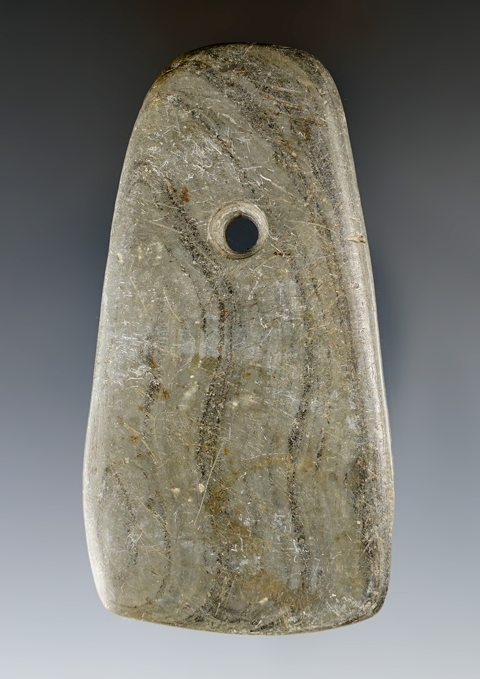 3 15/16" Adena Trapezoidal Pendant made from green and black Banded Slate. Defiance Co., Ohio