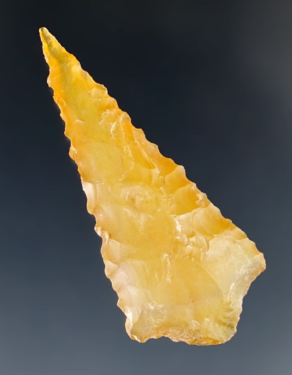 1 3/4" Rabbit Island Dart with excellent flaking - translucent honey colored Agate. Wasco Co., OR.
