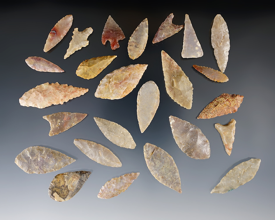 Group of 25 assorted African Neolithic arrowheads found in the Sahara desert region.