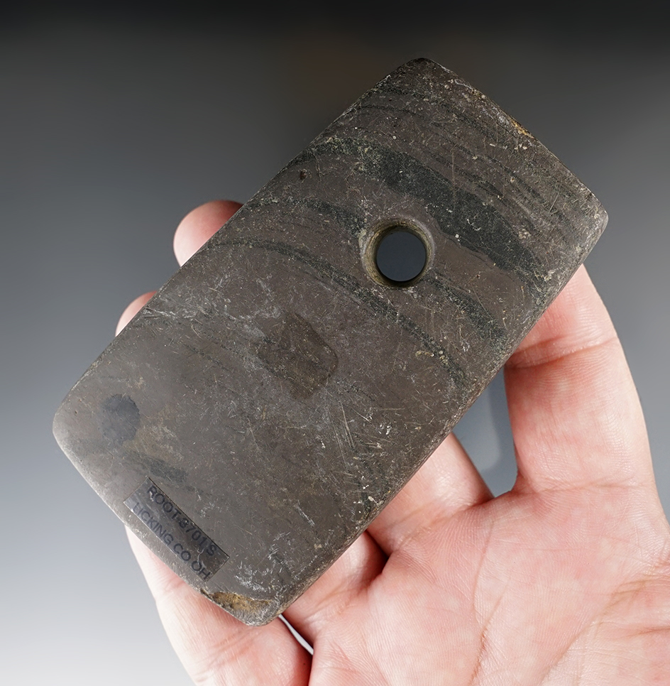 3 15/16" Adena Trapezoidal Pendant made from red and black Banded Slate, found in Licking Co., OH.