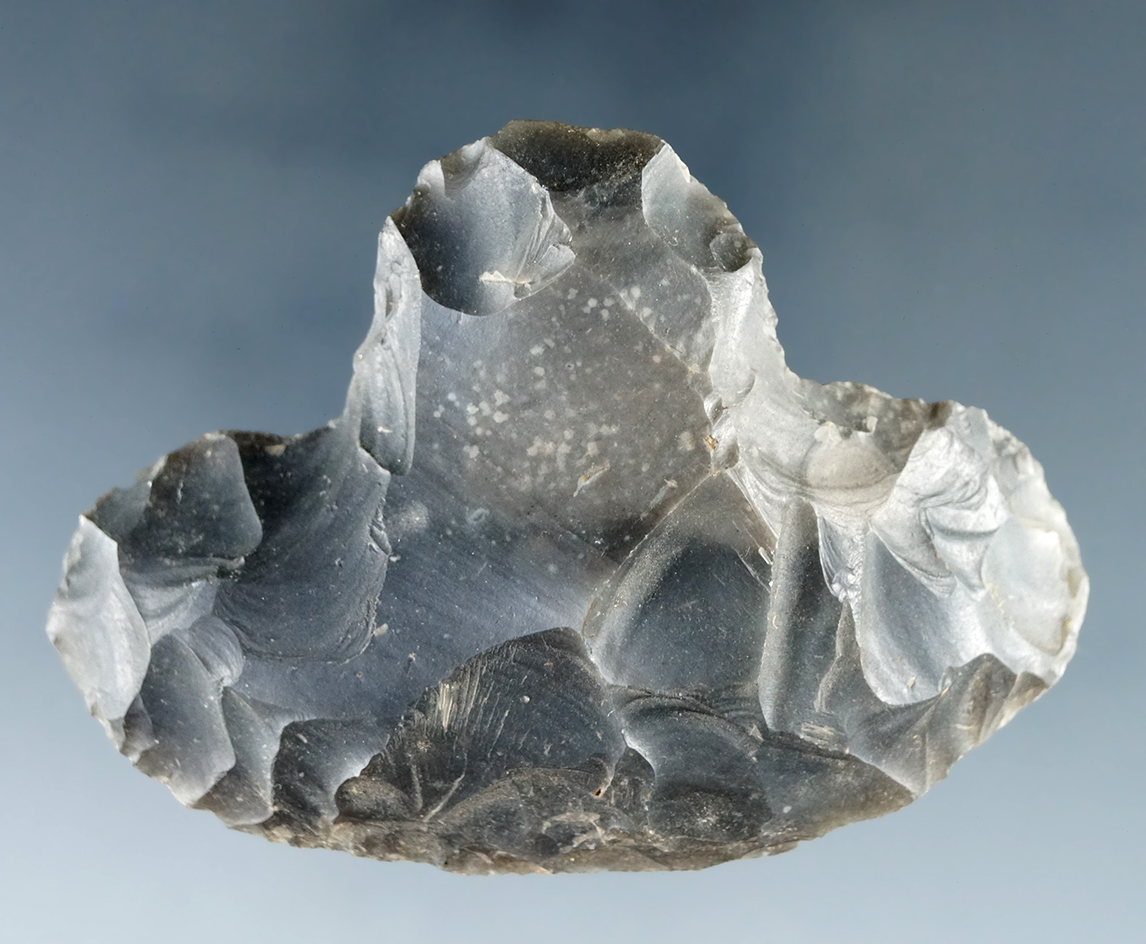 Large 2 13/16" wide stemmed scraper made from Hornstone. Ex. William Morino collection.