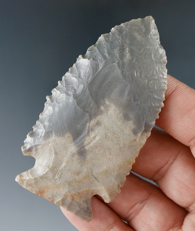 Exceptional edge serrations on this 2 7/8" Stilwell found in Spencer Co., Kentucky. Ex. Monte Melvi