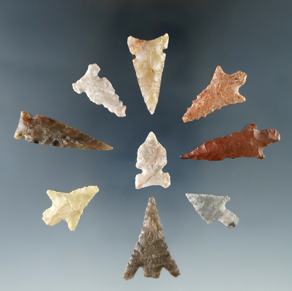 Set of nine Texas arrowheads, largest is 1 1/16".