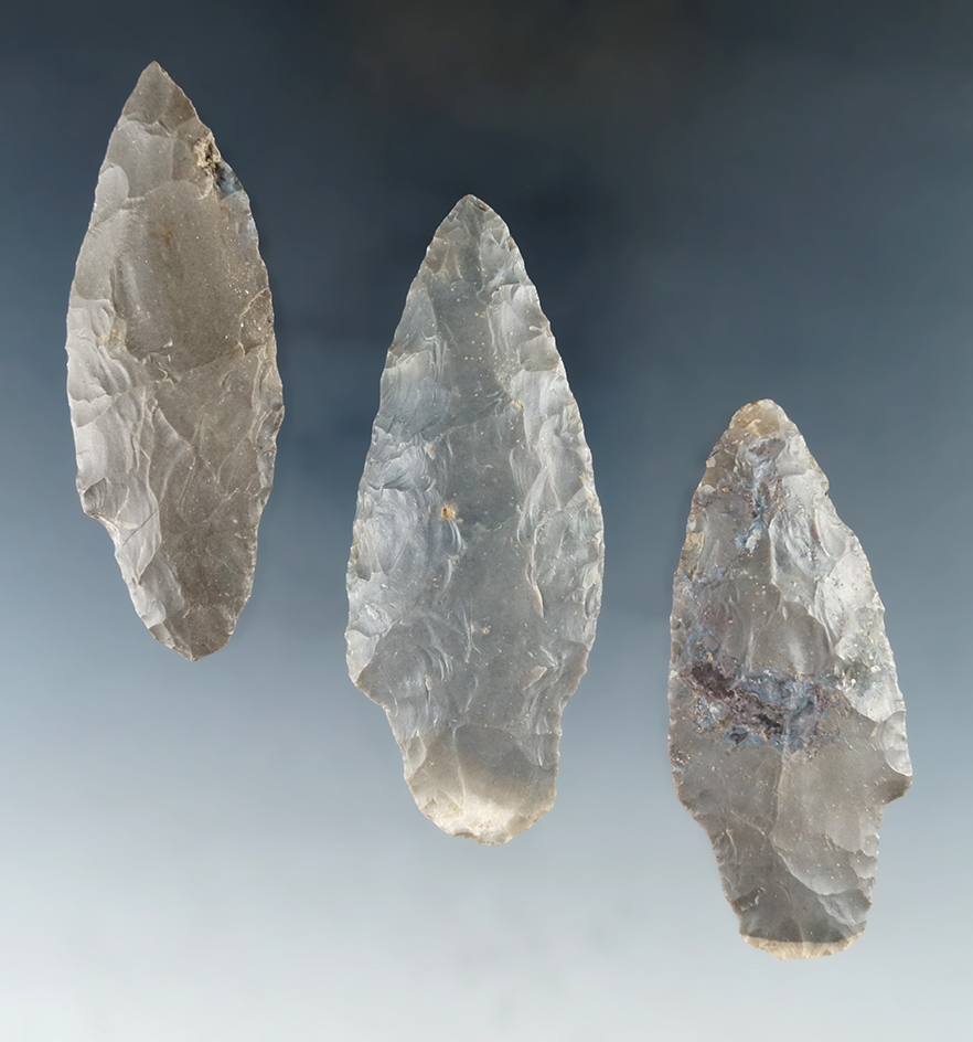 Set of three Hornstone Adena points, largest is 3 3/16". Found in Morgan Co., Indiana.
