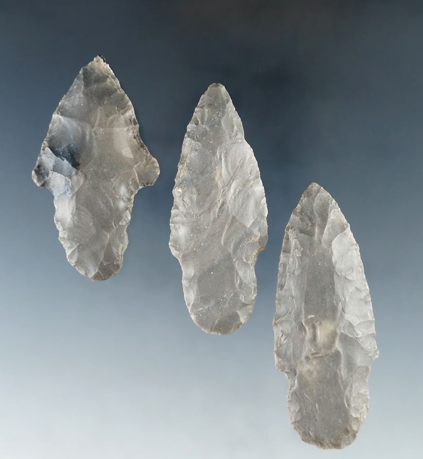 Set of three Hornstone Nodena points, largest is 2 11/16". Found in Morgan Co., Indiana.
