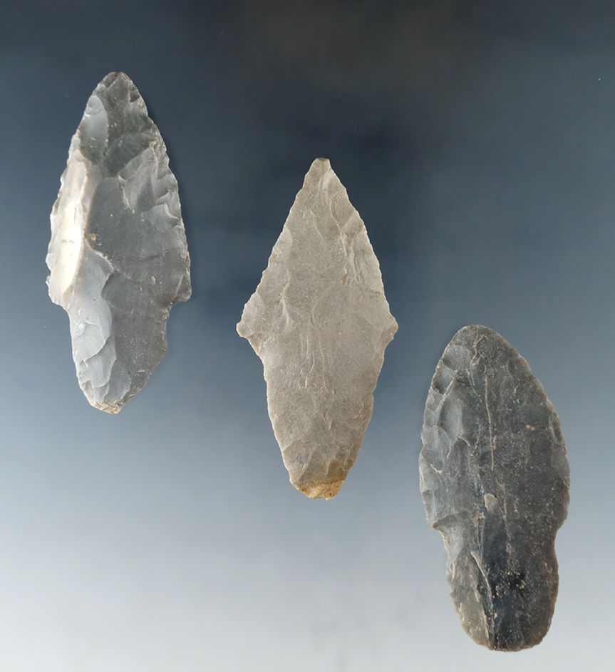 Set of three hornstone Adenas, largest is 2 5/8". Found in Morgan Co., Indiana from the E.C. Lewis.