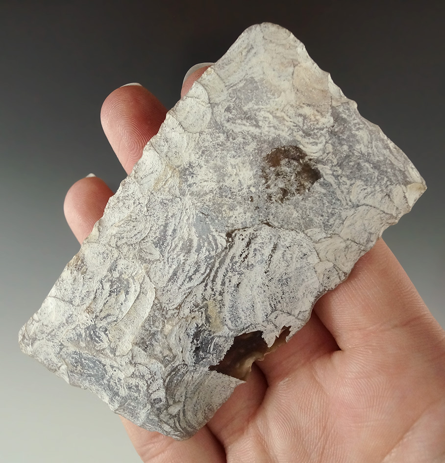 Sale Highlight! 3 9/16" large Paleo Square Knife, heavily patinated Knife River Flint found.