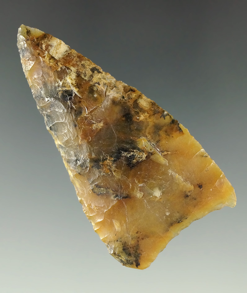 Fine 2 1/4" Triangular Knife found in Oregon and made from Agate. Ex. Shewey. Davis COA.