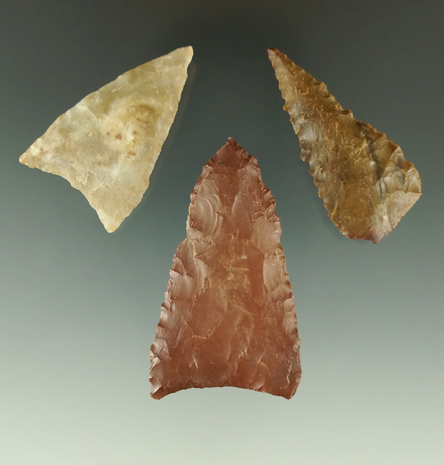 Set of three triangular arrowheads found in the Western United States. Largest is 2 1/16".