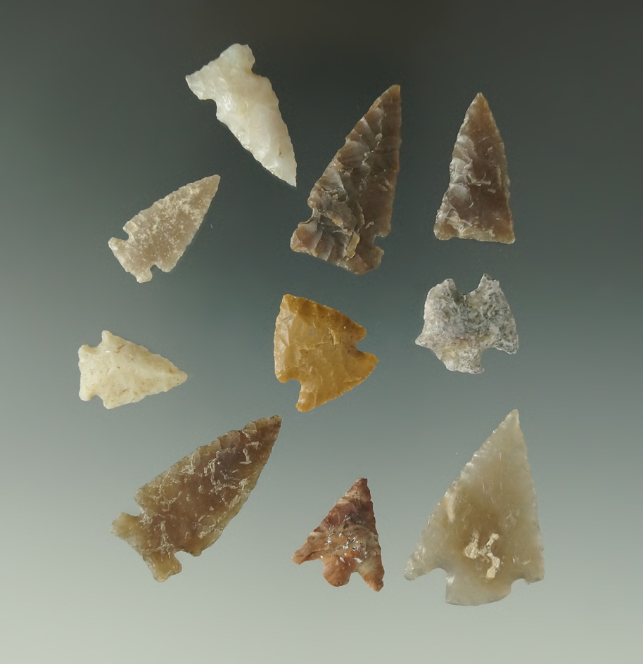 Set of 10 assorted arrowheads found in the High Plains, largest is 1 3/8".