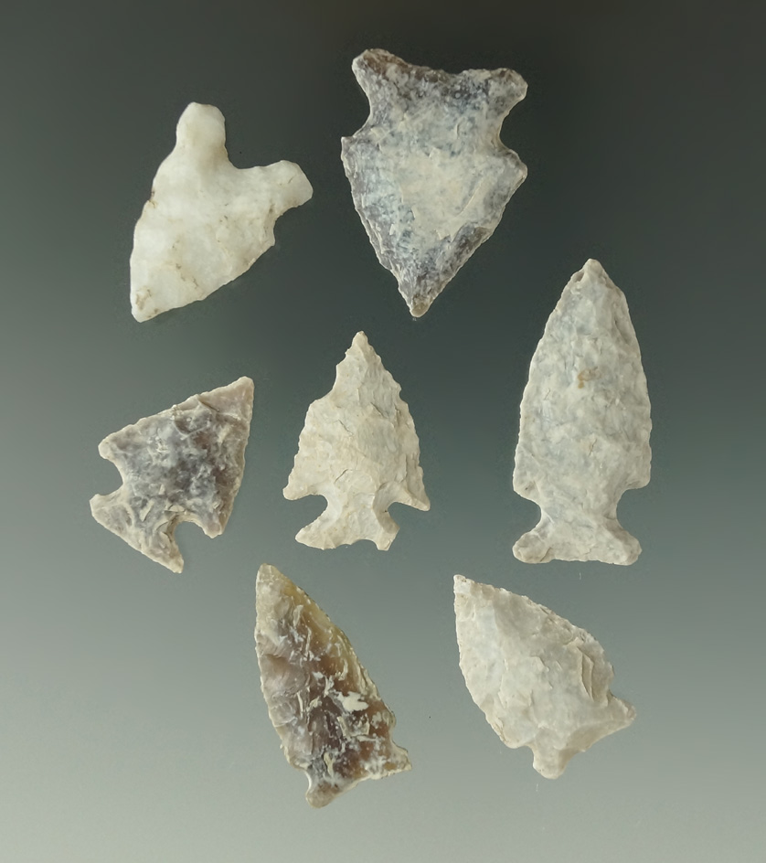 Set of seven arrowheads found in the High Plains, largest is 1 7/16".