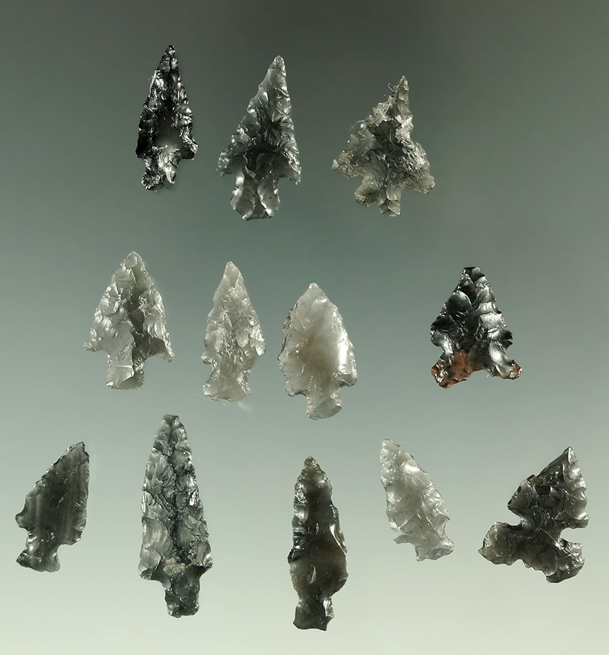 Set of 12 Obsidian arrowheads found near Fort Rock Oregon. Largest is 1 1/16".