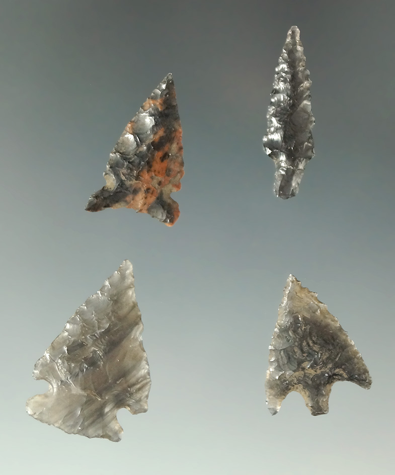 Set of four Obsidian arrowheads found in Southern Oregon, largest is 1".
