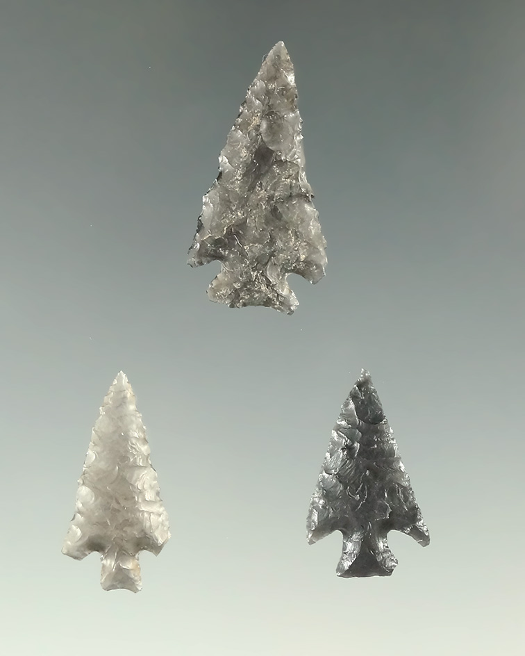 Set of three nice Obsidian arrowheads found near Fort Rock, Oregon, largest is 1 and 1/16".