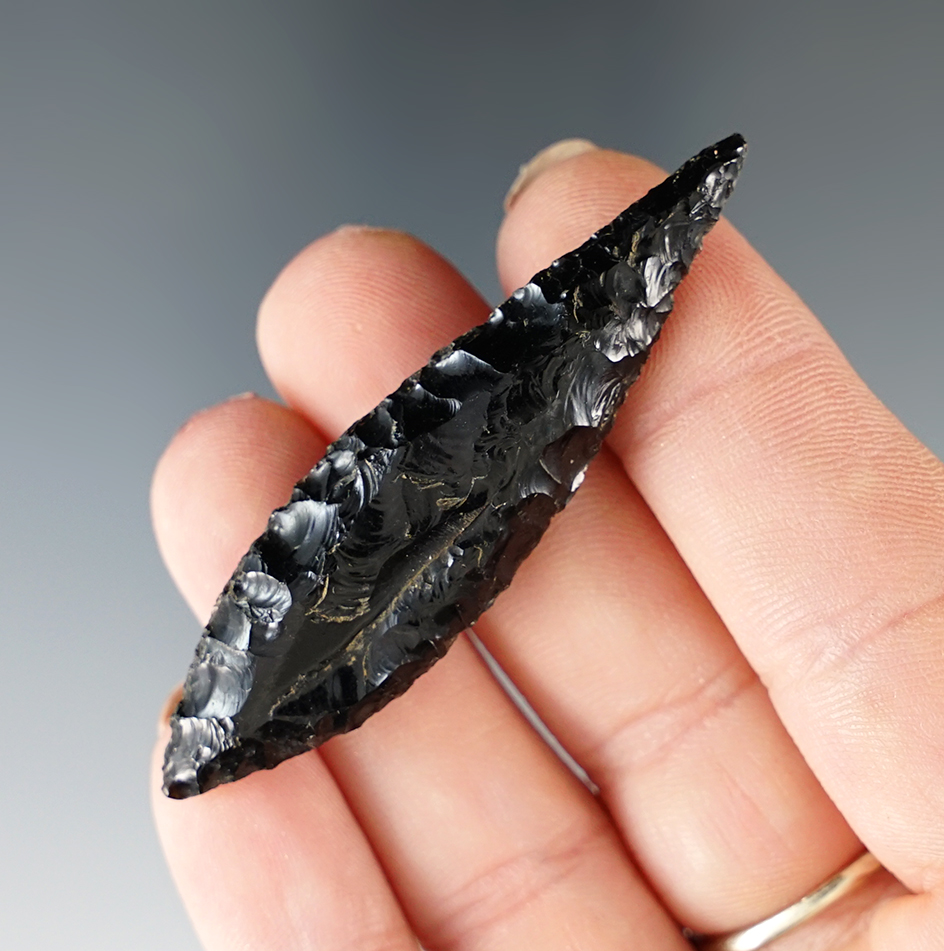 3 3/8" Cascade shouldered made from obsidian found in southeast Oregon.