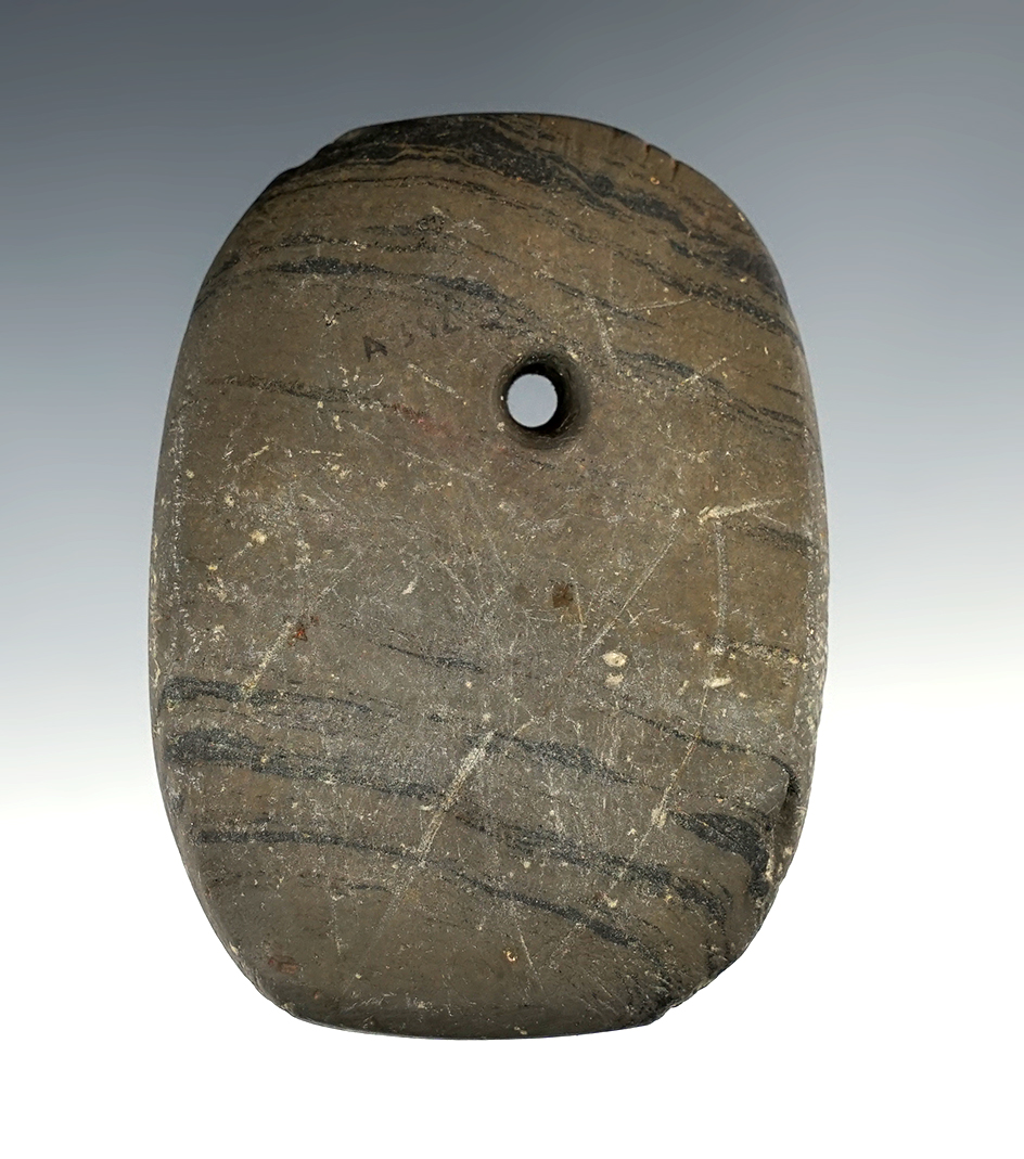 2 15/16" Adena Pendant made from green and black Banded Slate. Found in Delaware Co., Ohio.