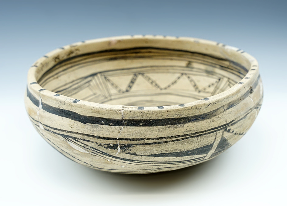 8 1/2" wide Prehistoric pottery vessel - New Mexico - several reattached pieces - some restoration