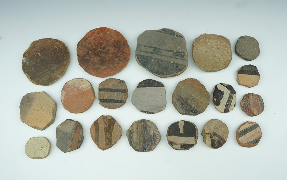 Set of 20 salvaged Prehistoric pottery shards/discs found in New Mexico. Largest is 2 3/4".
