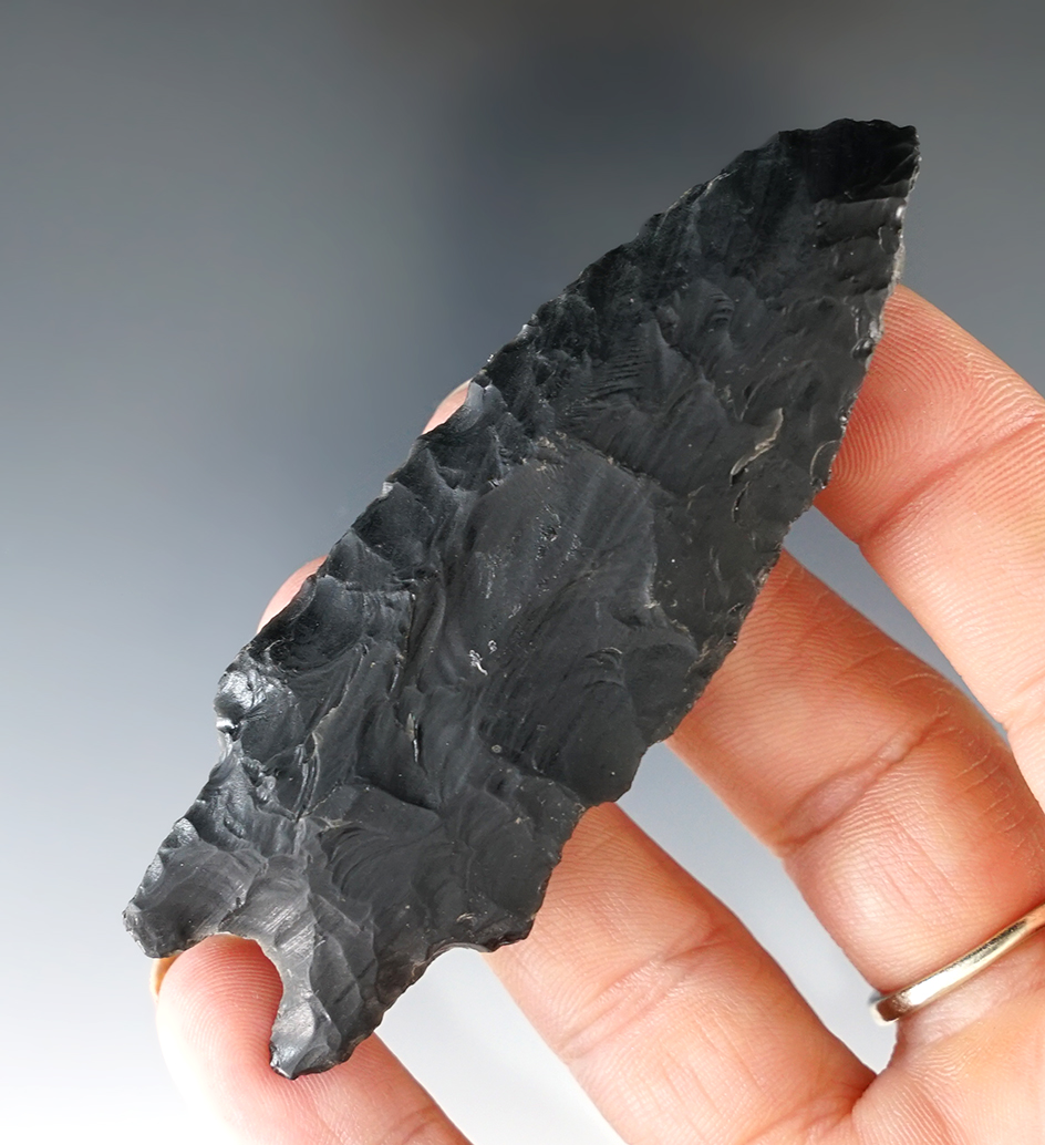 3 3/16" Paleo Windust made from Obsidian, found in Oregon. Comes with a Bennett COA.