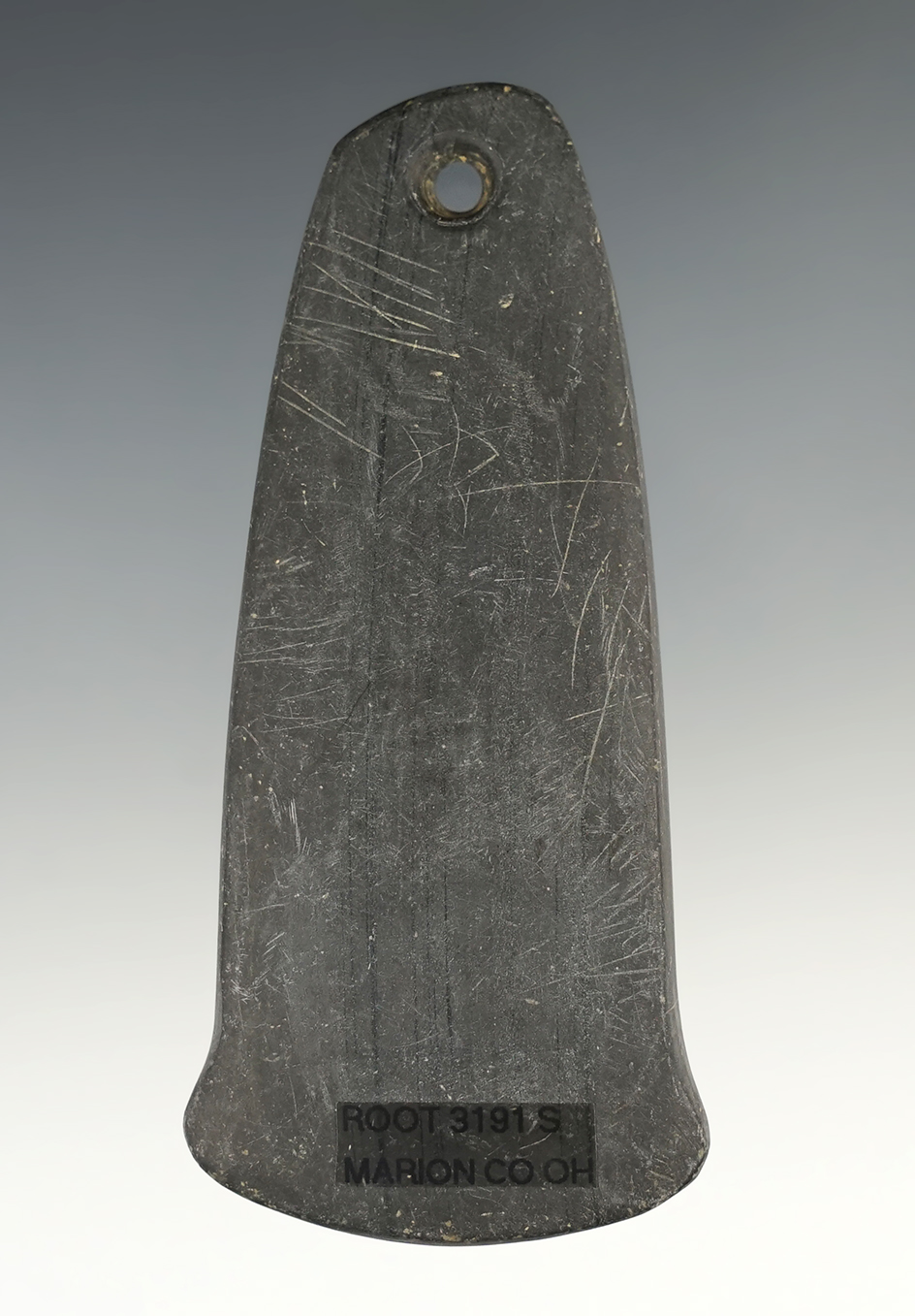 3 1/2" Adena Anchor Pendant made from black and gray Banded Slate. Marion Co., Ohio.