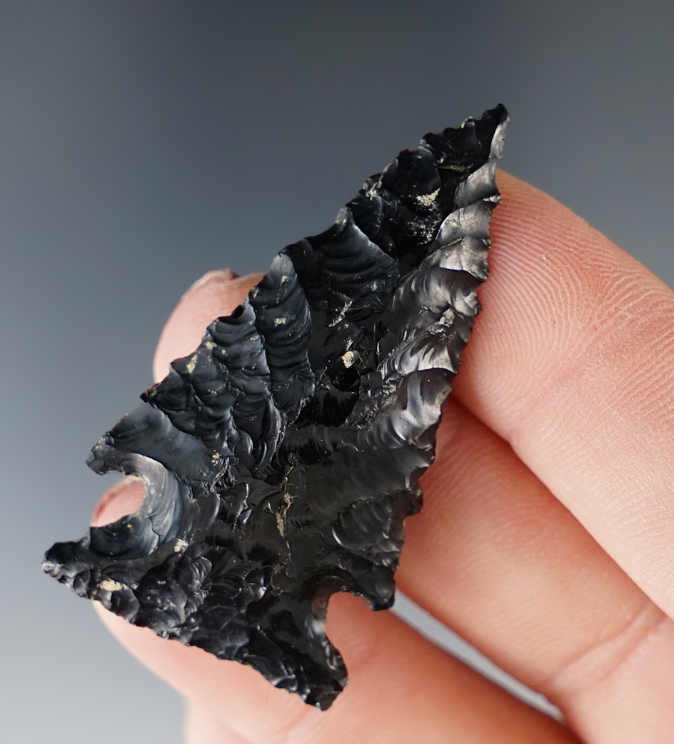 1 13/16" Elko Cornernotch made from obsidian found near Burns Oregon.