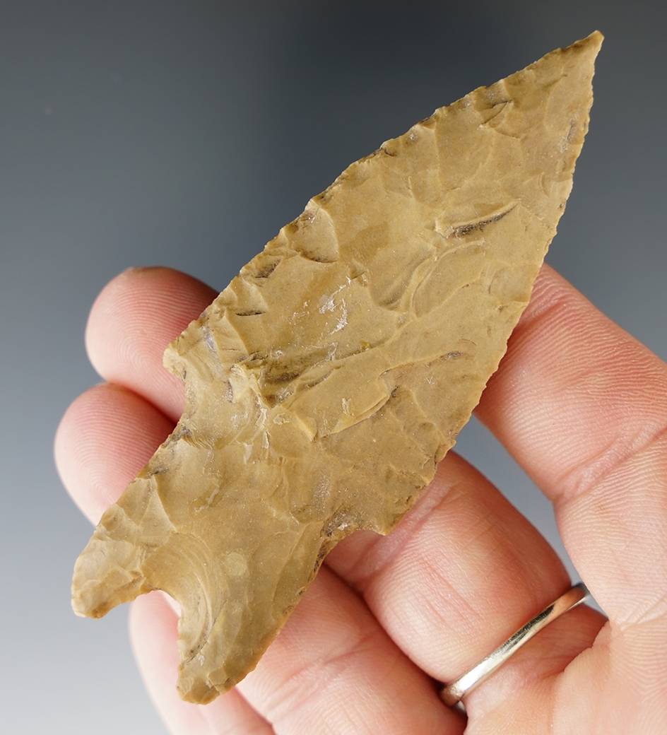 3 1/4" Pedernales made from tan flint, found in Texas. Comes with a Bennett COA.