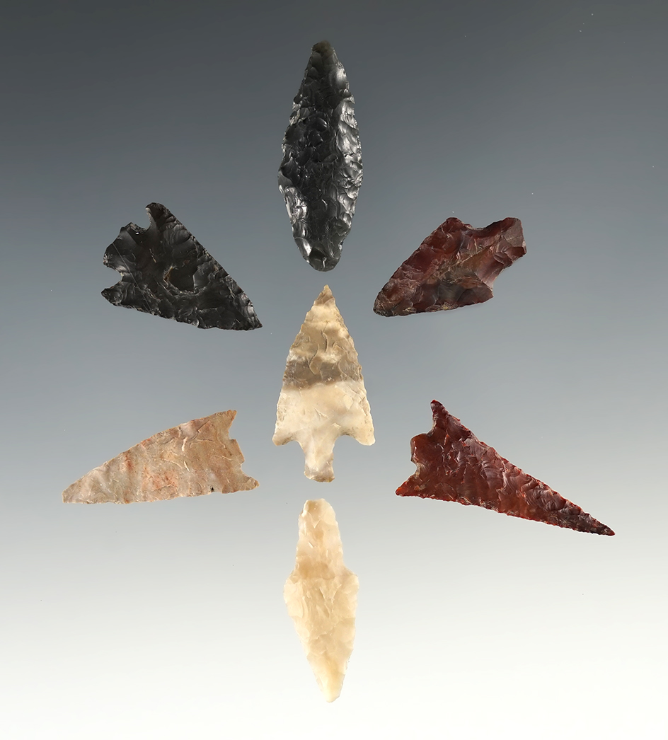 Set of seven assorted Columbia River arrowheads. Largest is 1 5/16".
