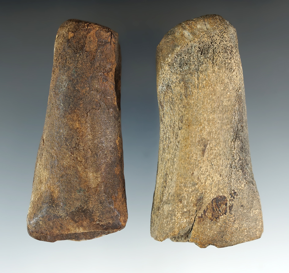 Pair of carved bone Inuit knife handles from Alaska. Largest is 3 3/8".