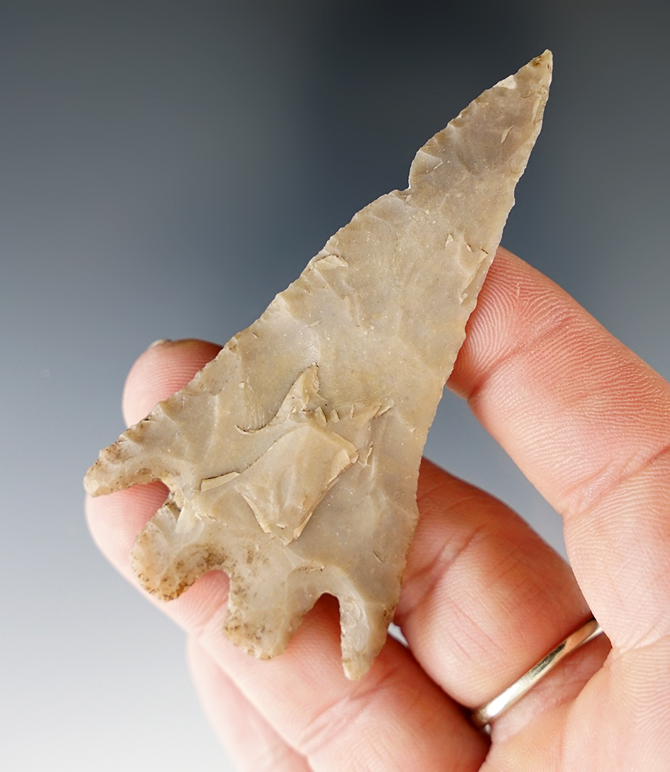 2 15/16" Montell made from tan chert, found in Gillespie Co., Texas. Ex. Floyd Easterwood. 2 COA's