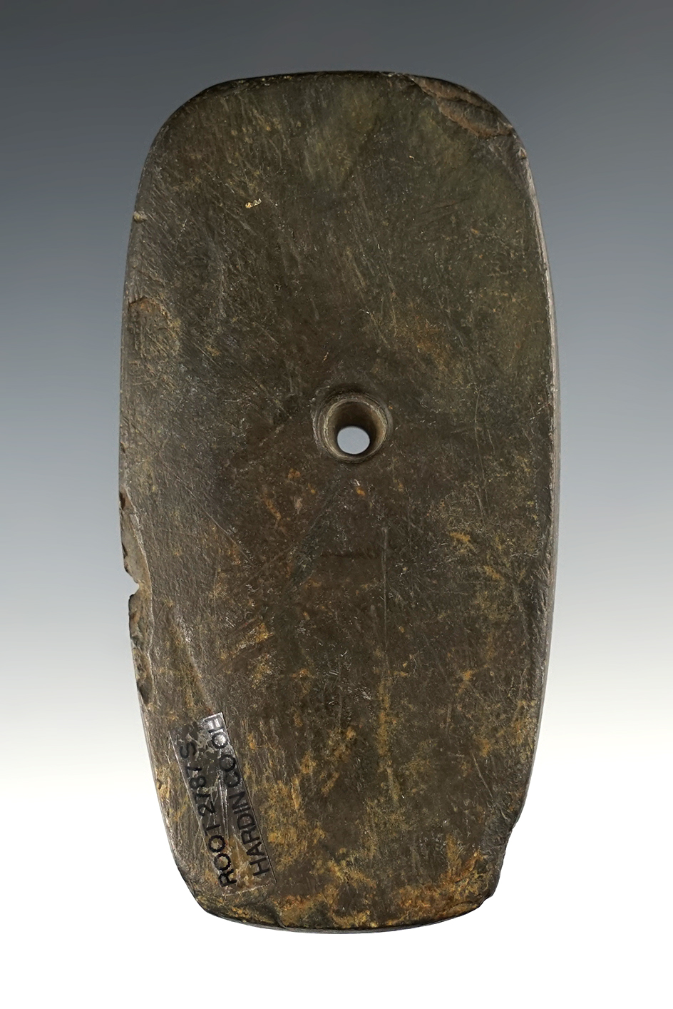 3 3/4" Adena Trapezoidal Pendant made from Slate, found in Hardin Co., Ohio. Ex. Jerre Wall (#50)