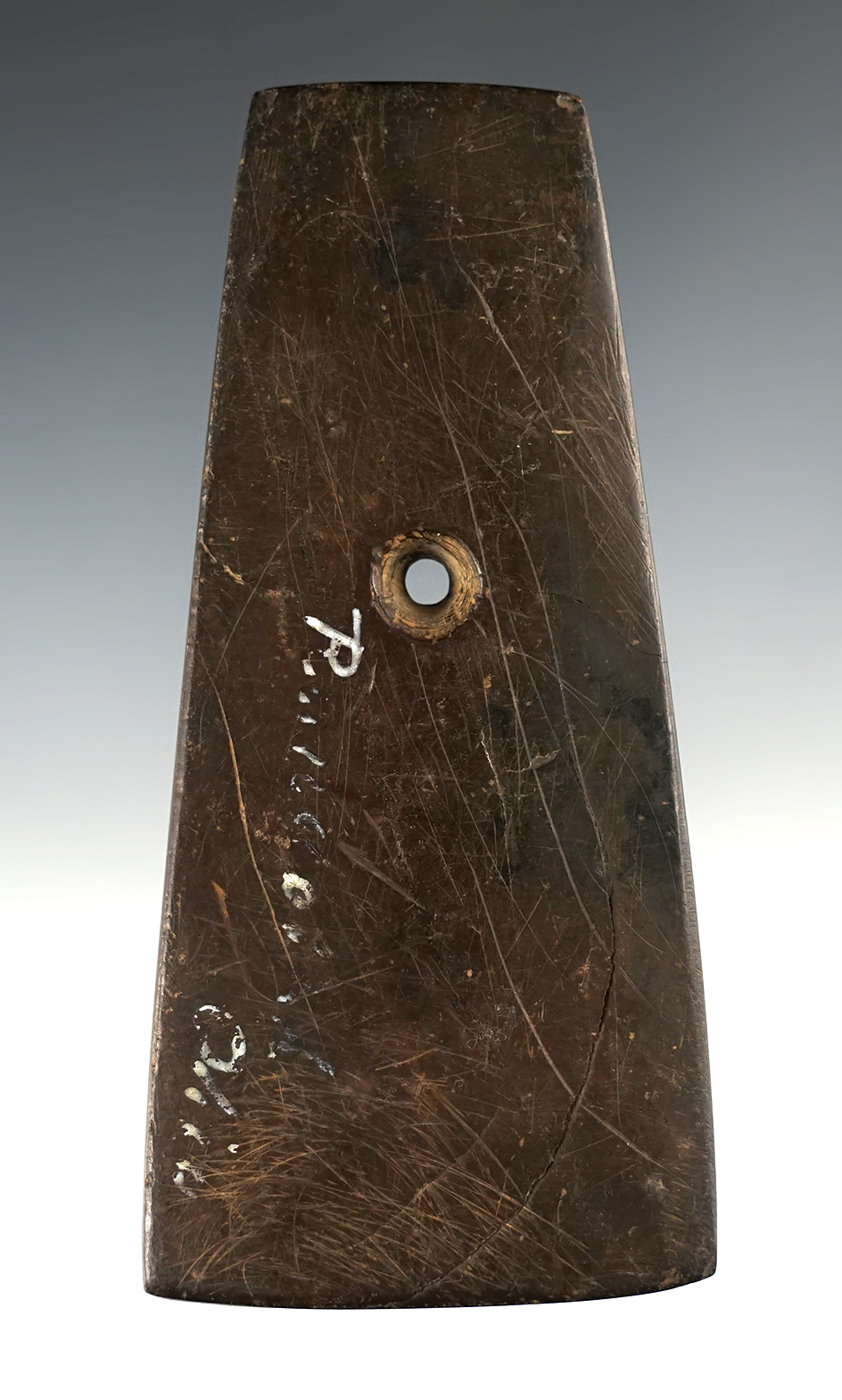 4 3/8" Adena Trapezoidal Pendant made from brown Slate. Found in Paulding Co., Ohio.