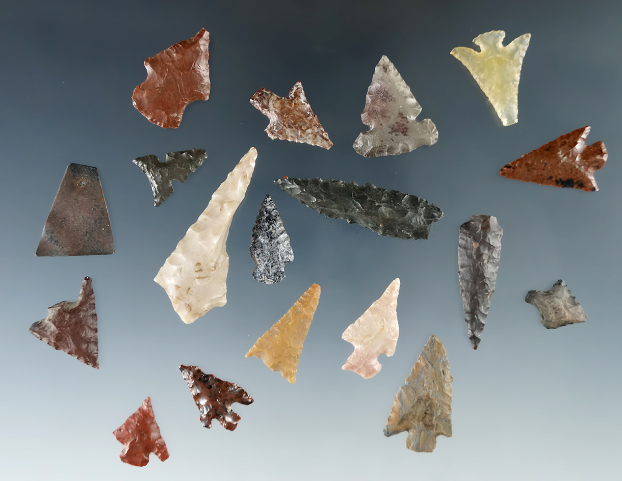 Group of 18 assorted arrowheads, largest is 1 5/8" found in Washington and Oregon.