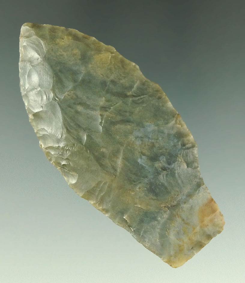 3 1/16" Paleo Stemmed Lanceolate made from attractive Flint Ridge Flint found in Ohio.